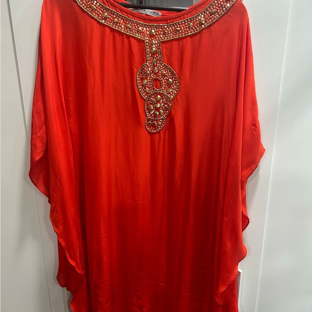 Trina Turk Red Flowy Anissa Embellished silk blend shift kaftan dress size 6 - Picture 2 of 8